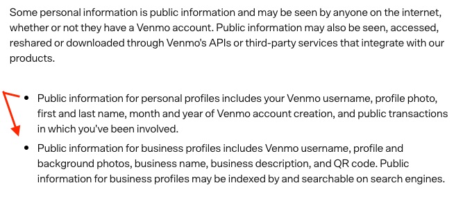 Venmo Privacy Policy: How We Share Personal Information With Other Parties clause - Public Information section