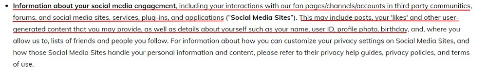 WarnerMedia Privacy Policy: The Information We Collect clause - Information about your social media engagement excerpt