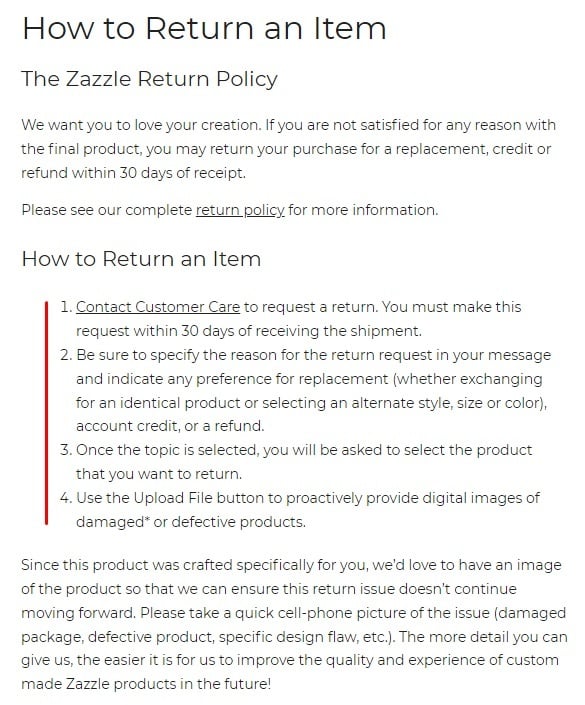 Zazzle Return Policy: How to return an item clause