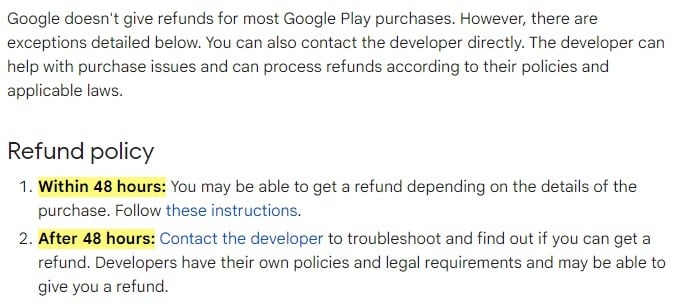 Google Play Help: Refund Policy - Time limit excerpt