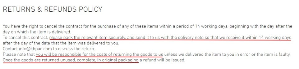 K H Packaging Returns and Refunds Policy with Conditions of returns sections highlighted