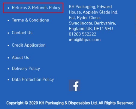 K H Packaging website footer with Returns and Refunds Policy link highlighted
