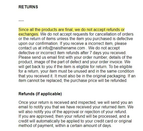 N is the Name Orders and Returns Policy: Returns and Refunds sections