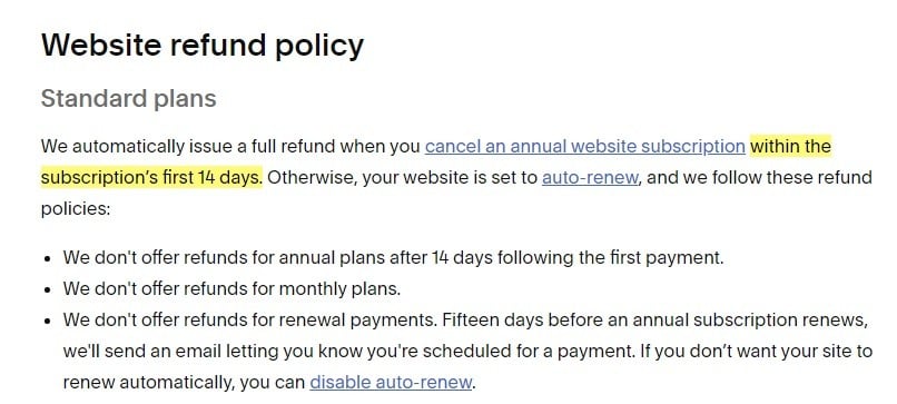 Squarespace Refund Policies: Website Refund Policy - Standard plans section
