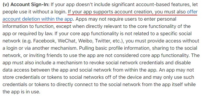 Apple App Store Review Guidelines: Data Collection and Storage clause - Account Sign-in section with account deletion highlighted