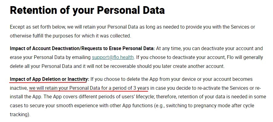 Flo Privacy Policy: Retention of your Personal Data clause - Impact of App Deletion or Inactivity section highlighted