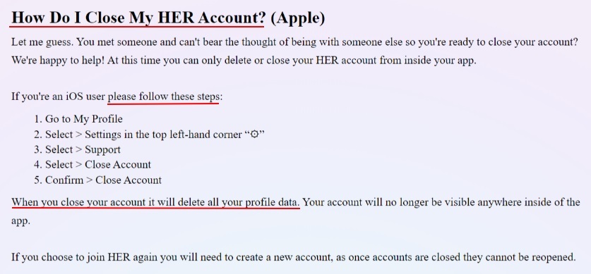 HER Close My Account guide: Apple section