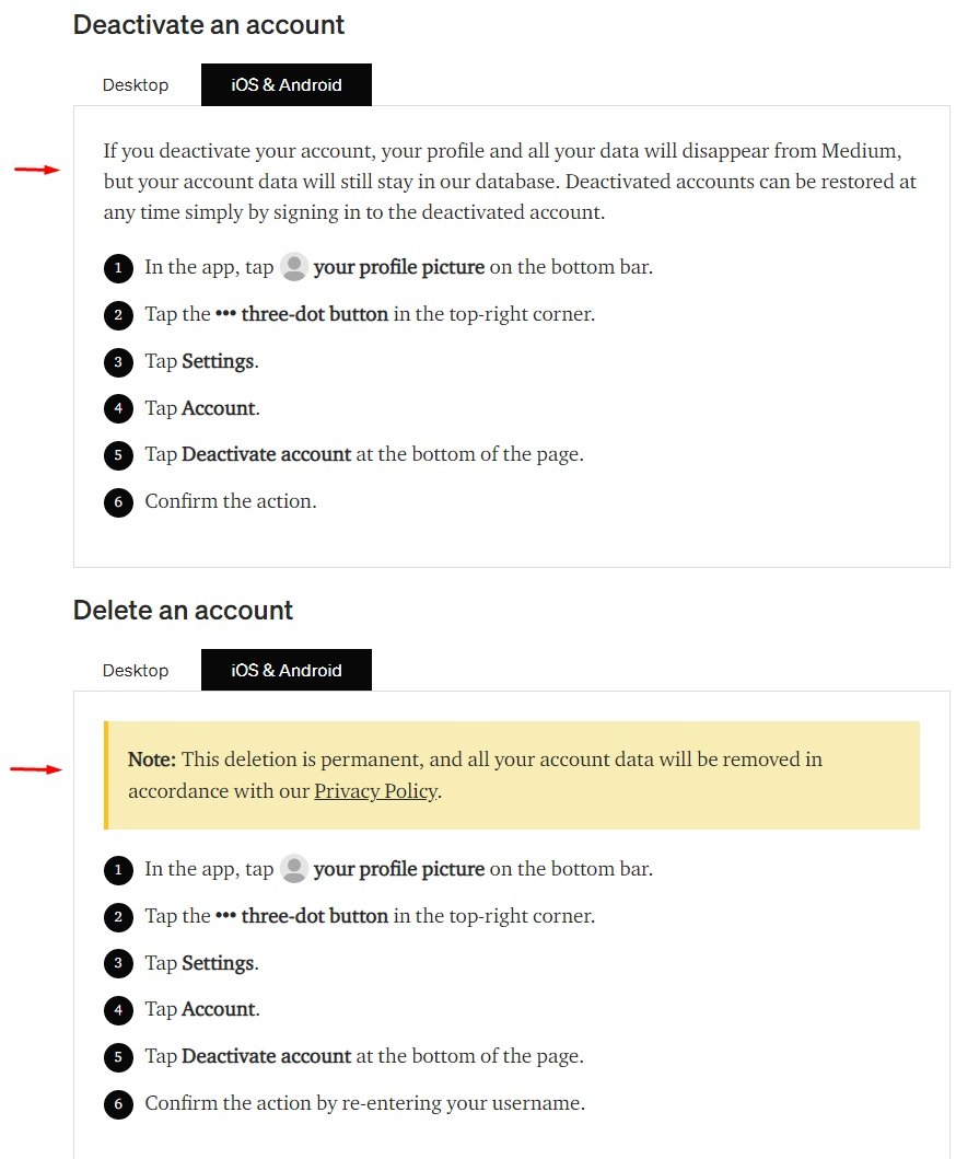 Medium: Delete or Deactivate Your Account instructions - Mobile version