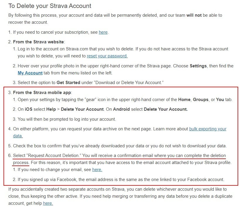 Strava Delete Your Strava Account instructions: Mobile App section with confirmation email section highlighted