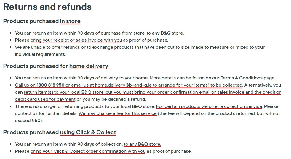 B and Q Returns and Refunds Policy: Products purchased section