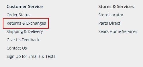 Sears website footer with Returns and Exchanges Policy link highlighted
