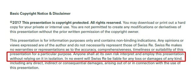 Swiss Re Centre for Global Dialogue presentation: Basic Copyright Notice and Disclaimer with Use at Your Own Risk highlighted