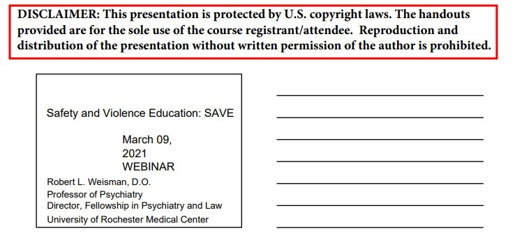 University of Rochester presentation: SAVE Safety and Violence Education - Copyright disclaimer highlighted