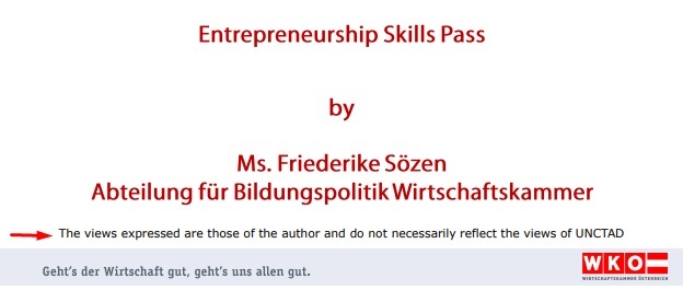 WKO presentation for UNCTAD: Entrepreneurship Skills Pass - Views expressed disclaimer highlighted