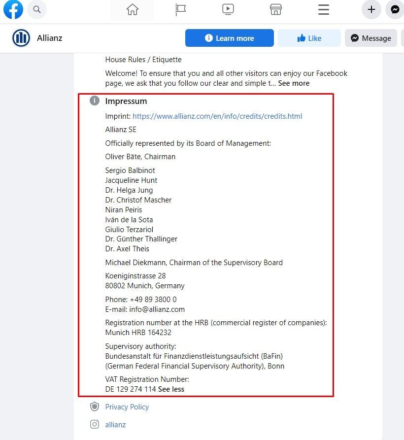 Allianz Facebook Page Impressum