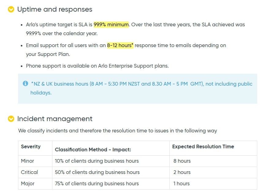 Arlo SLA: Uptime and Responses and Incident Management clauses