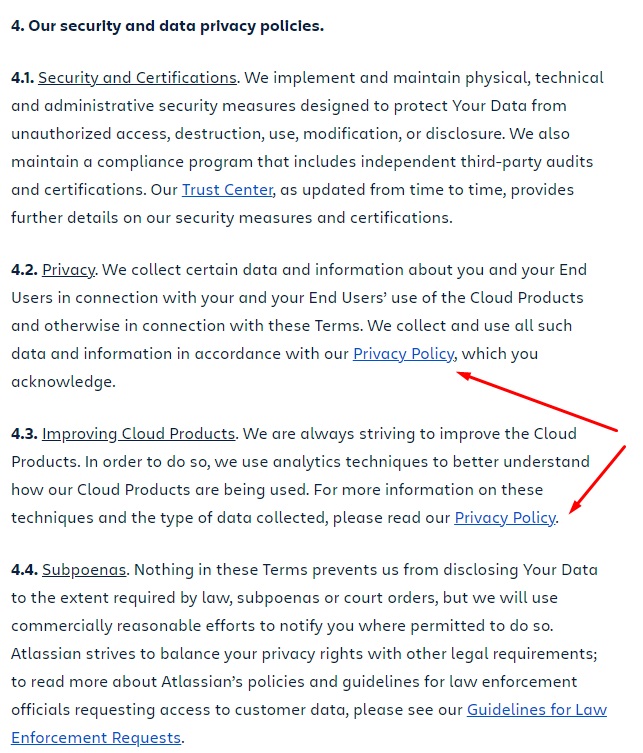 Atlassian Terms of Service: Security and Data Privacy Policies clause excerpt