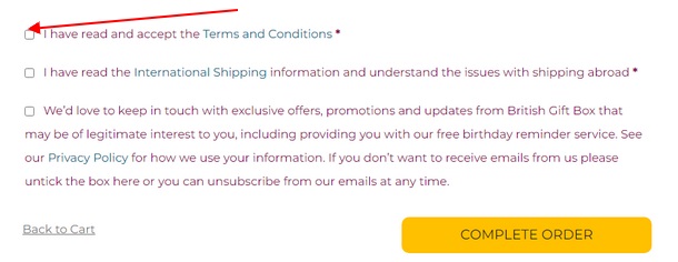 British Gift Box checkout page with Agree to Terms and Conditions checkbox highlighted