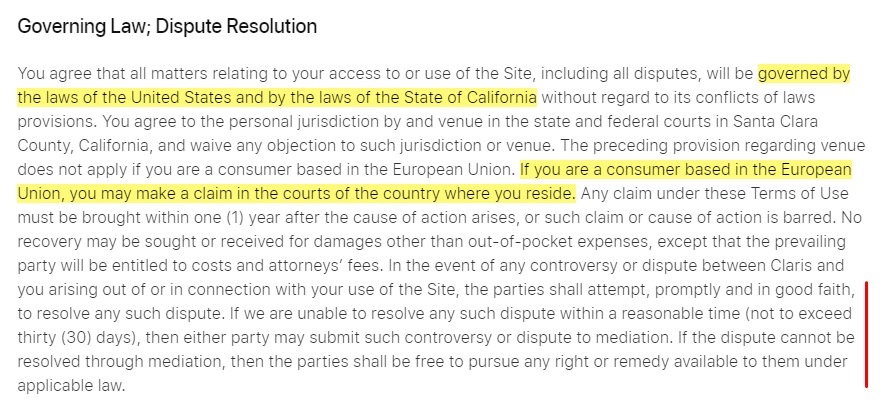 Claris Terms of Use: Governing Law and Dispute Resolution clause