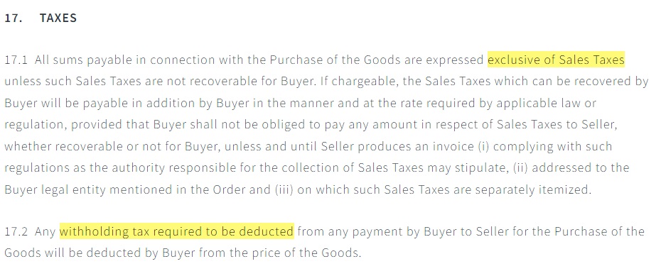 CWT Terms and Conditions: Taxes clause