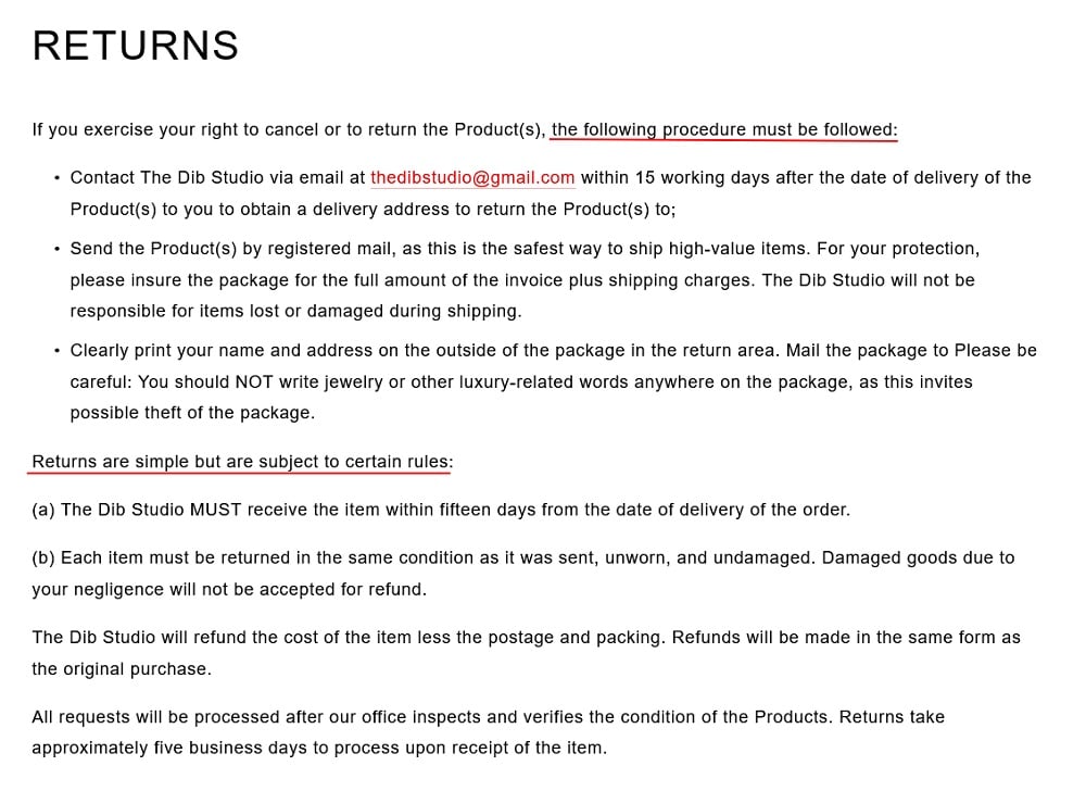 Dib Studio Terms of Service: Returns clause