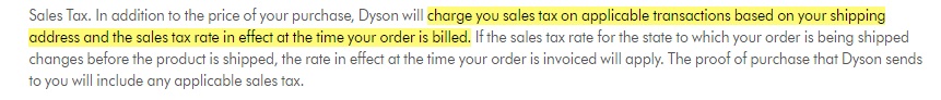 Dyson Terms and Conditions: Sales Tax clause