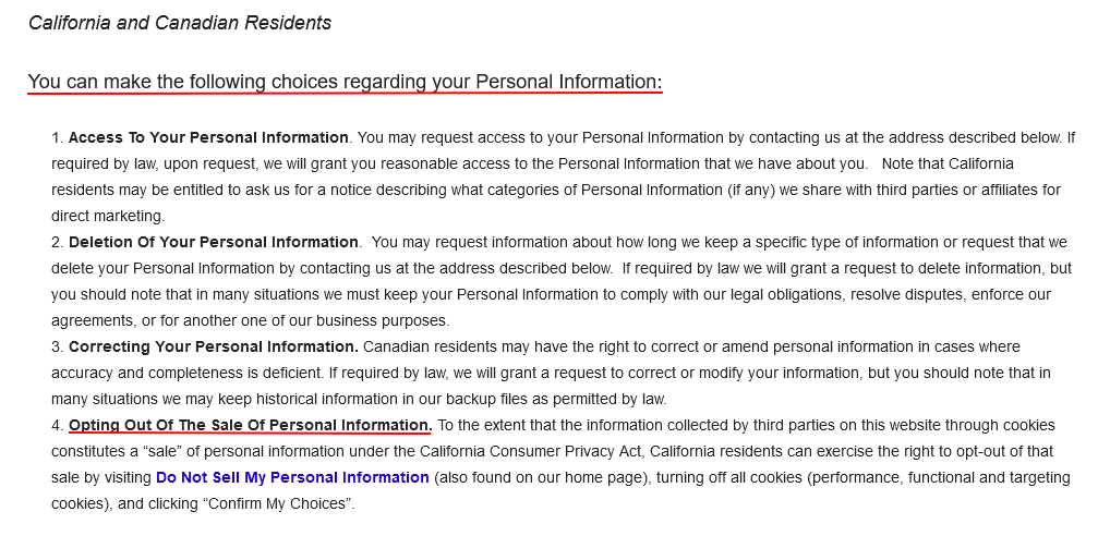 Elite Sports NY: Do Not Sell My Personal Information page - California rights clause
