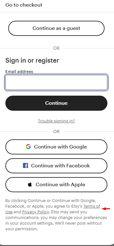 Etsy sign-in and register form with Terms of Use link highlighted