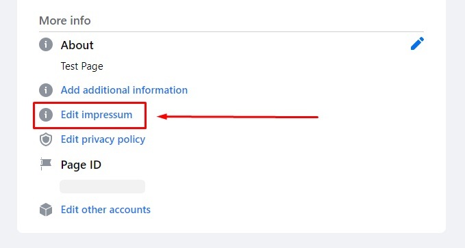Facebook Page: More info - About section with Impressum highlighted