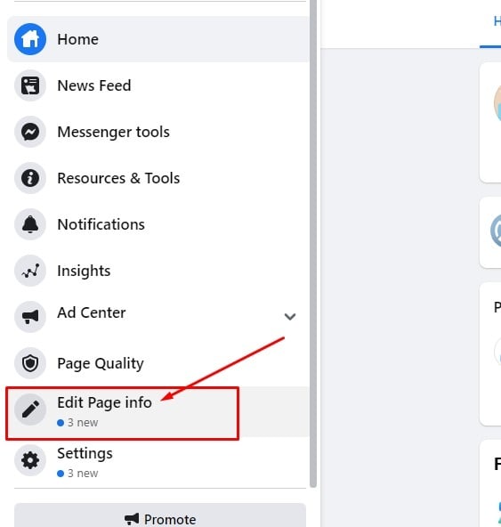 Facebook Pages: Edit Page info option highlighted