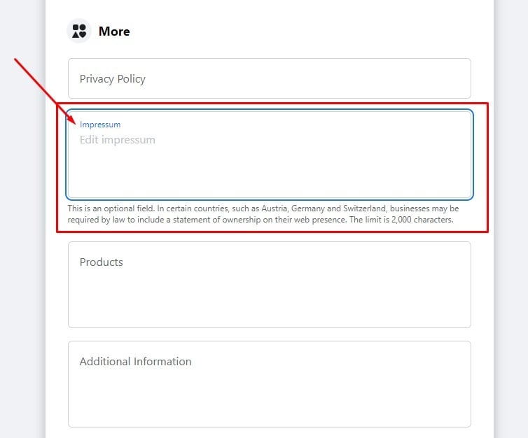 Facebook Pages: Edit Page info - More section with Impressum field option highlighted