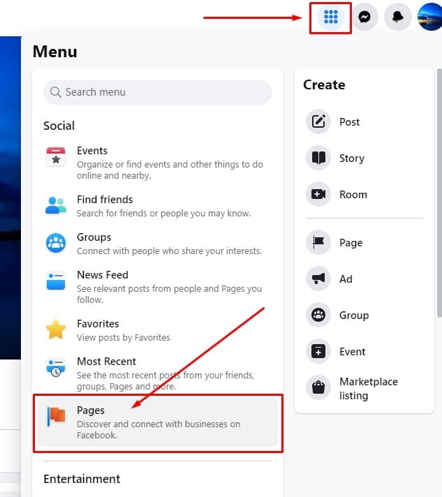 Facebook: Settings with Pages option highlighted