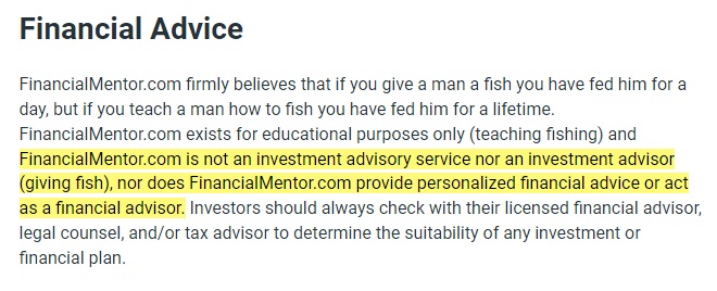 Financial Mentor Terms and Conditions: Financial Advice clause
