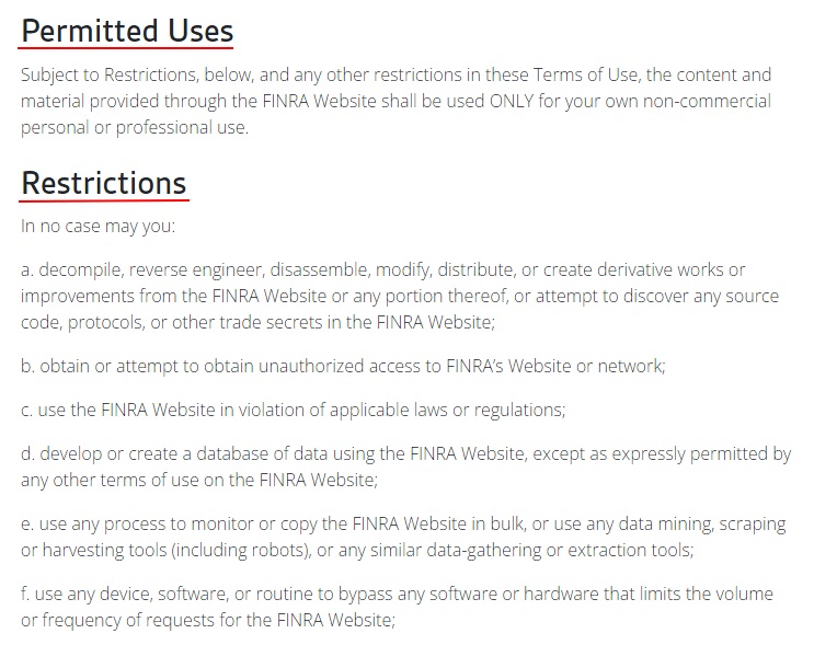 FIRNA Terms of Use: Permitted Uses and Restrictions clauses