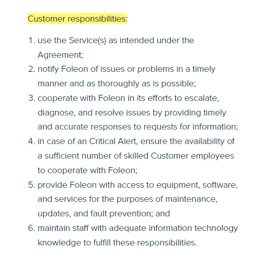 Foleon SLA: Customer Responsibilities clause