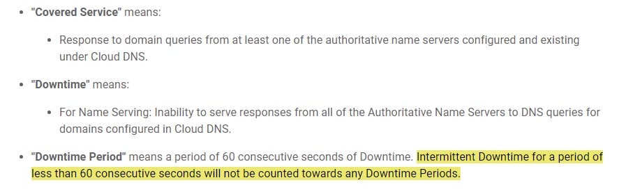 Google Cloud DNS SLA: Definition of Downtime Period highlighted
