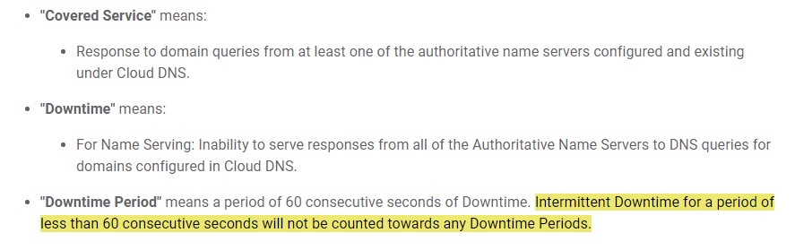 Google Cloud DNS SLA: Definition of Downtime Period highlighted