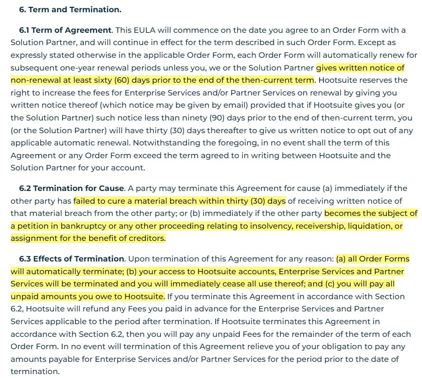 Hootsuite EULA: Term and Termination clause