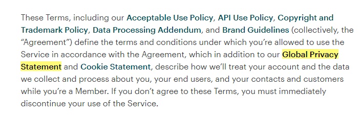 Mailchimp Terms of Use: Intro clause with Global Privacy Statement link highlighted