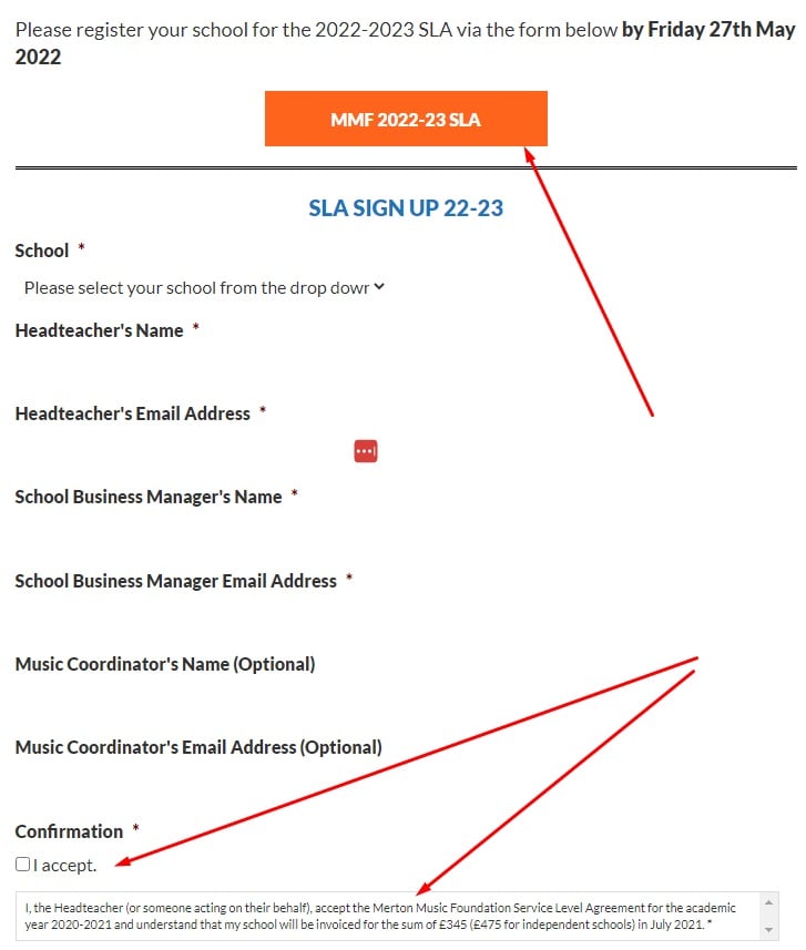 Merton Music Foundation SLA with Accept checkbox highlighted