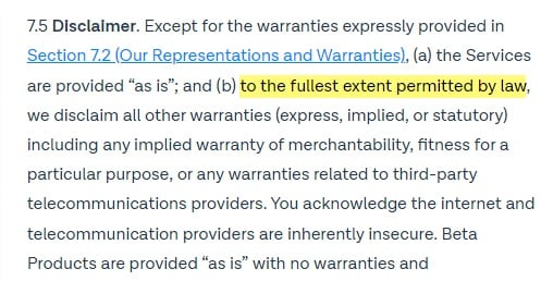 MessageBird Terms and Conditions: Disclaimer clause excerpt