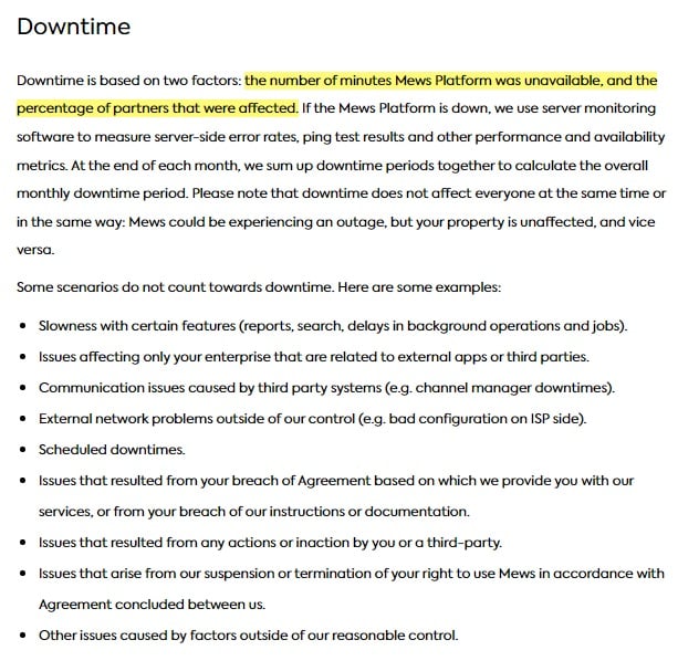 Mews SLA: Downtime clause