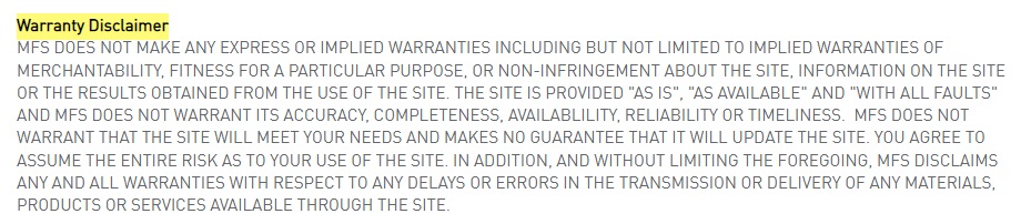 MFS Terms of Use: Warranty Disclaimer