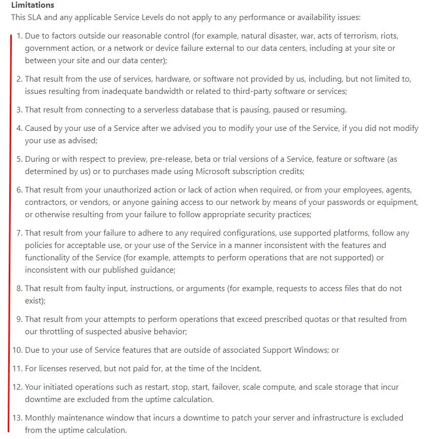 Microsoft Azure Bot Service SLA: Limitations clause