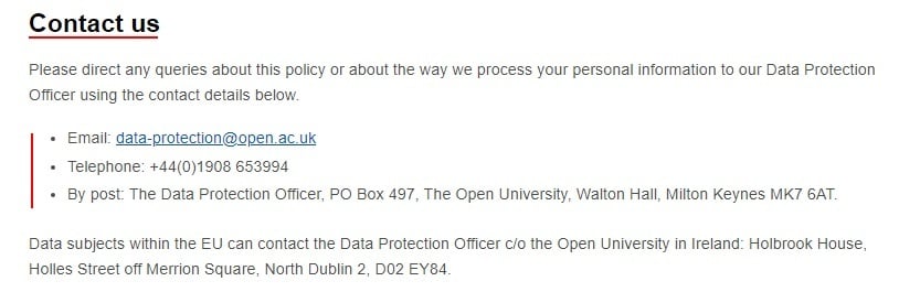 Open University Privacy Policy: Contact us clause updated