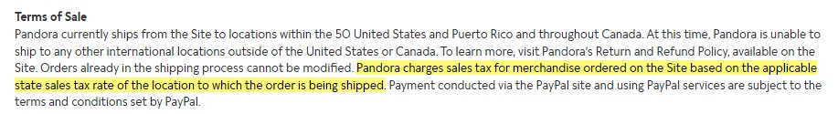 Pandora Terms and Conditions: Terms of Sale clause