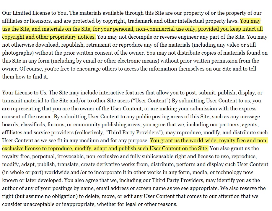 POLITICO Terms of Service: Limited License clause