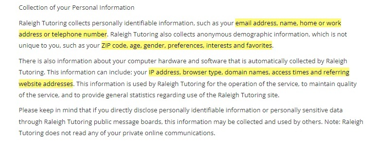 Raleigh Tutoring Privacy Policy: Collection of your Personal Information clause