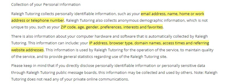 Raleigh Tutoring Privacy Policy: Collection of your Personal Information clause