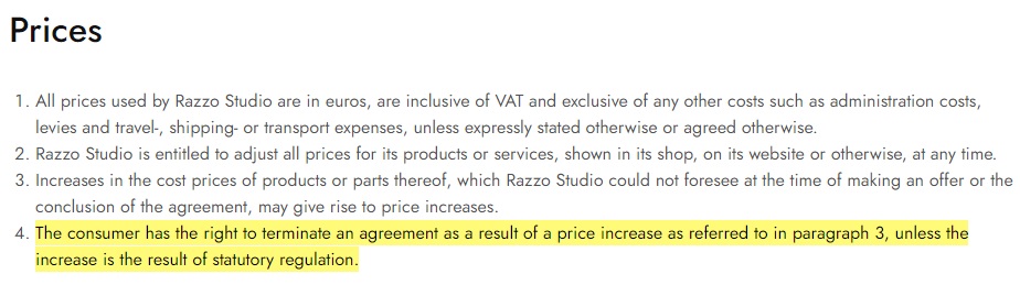 Razzo Studio Terms and Conditions: Prices clause